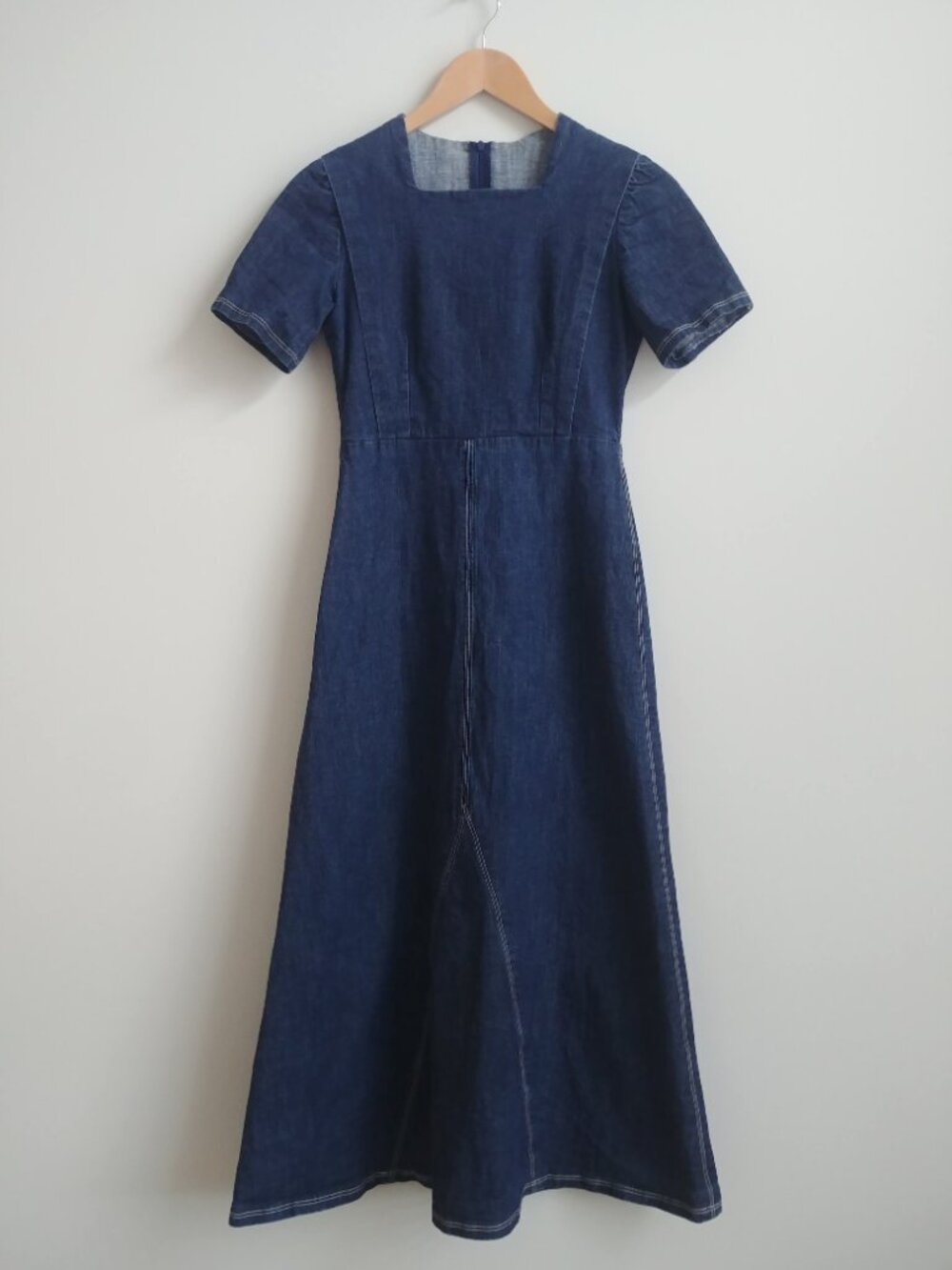 Handmade stretch blue denim jean midi dress approx XS square neckline
